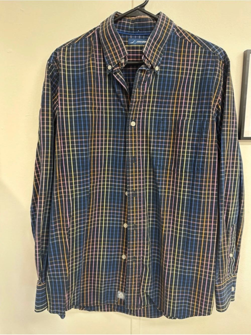 Jantzen Navy Button-Down Shirt with Multicolor Plaid